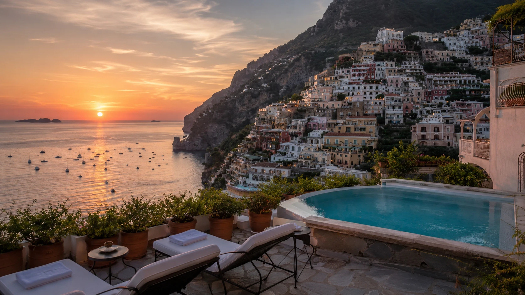 Warm sunset view of the Amalfi Coast