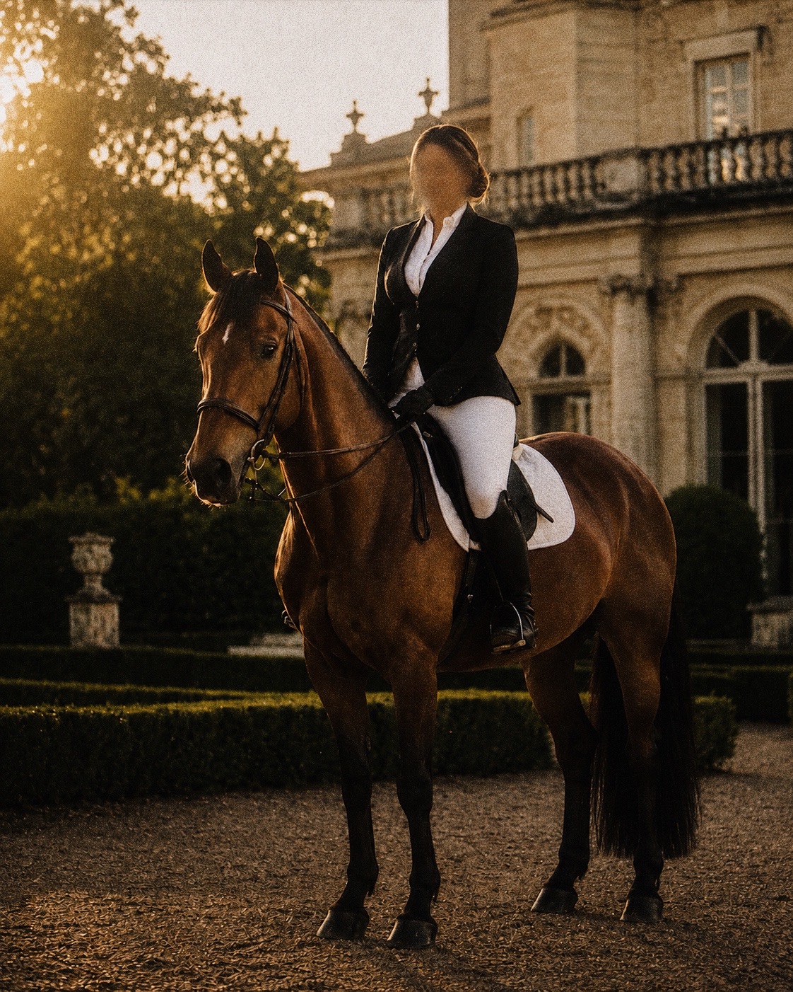 Sienna Rose riding a horse in an elegant estate setting